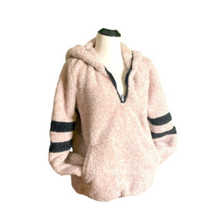 26 International Light Pink Striped Faux Fur Hoodie Sherpa